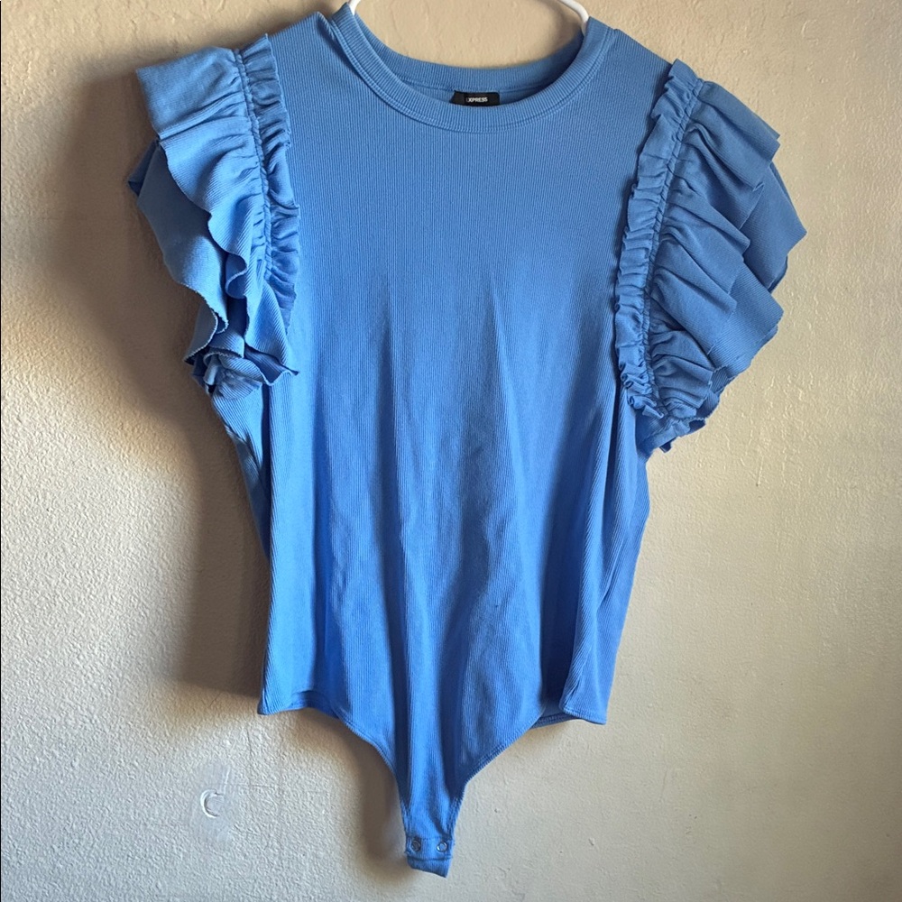 Express Sky Blue Ruffle Sleeve Bodysuit